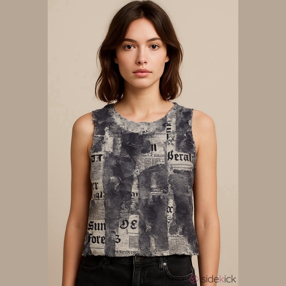 Unique sleeveless Black Gray Newspaper Print Tank Top artsy ooak
